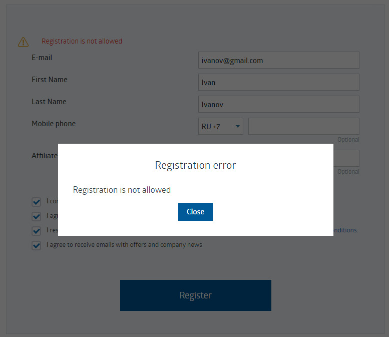 Робофорекс - ошибка Registration error - Registration is not allowed